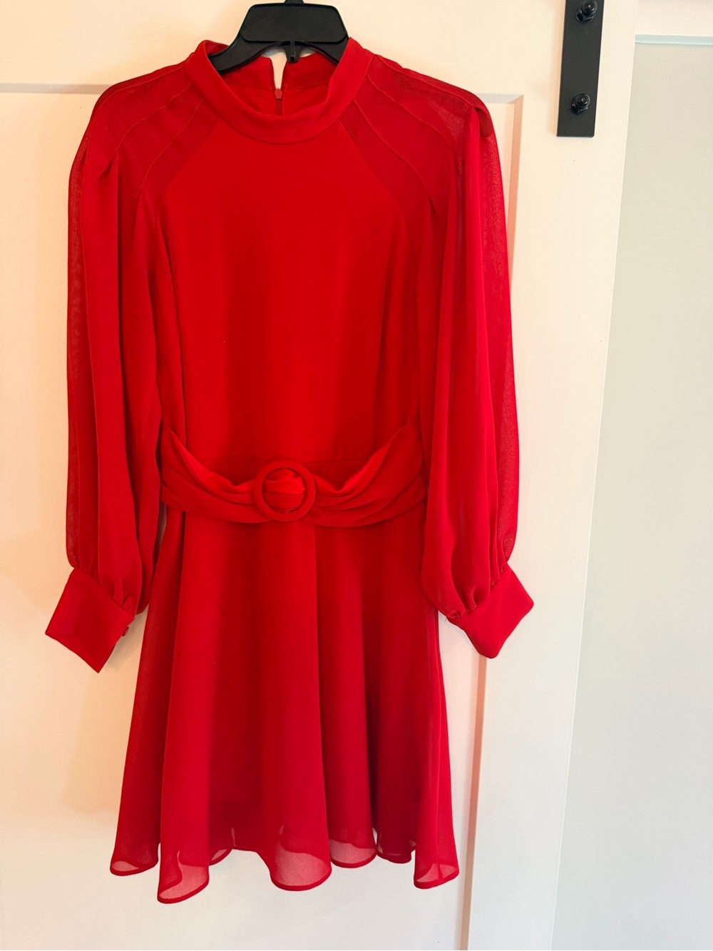 Red Belted Long-Sleeve Mini Dress